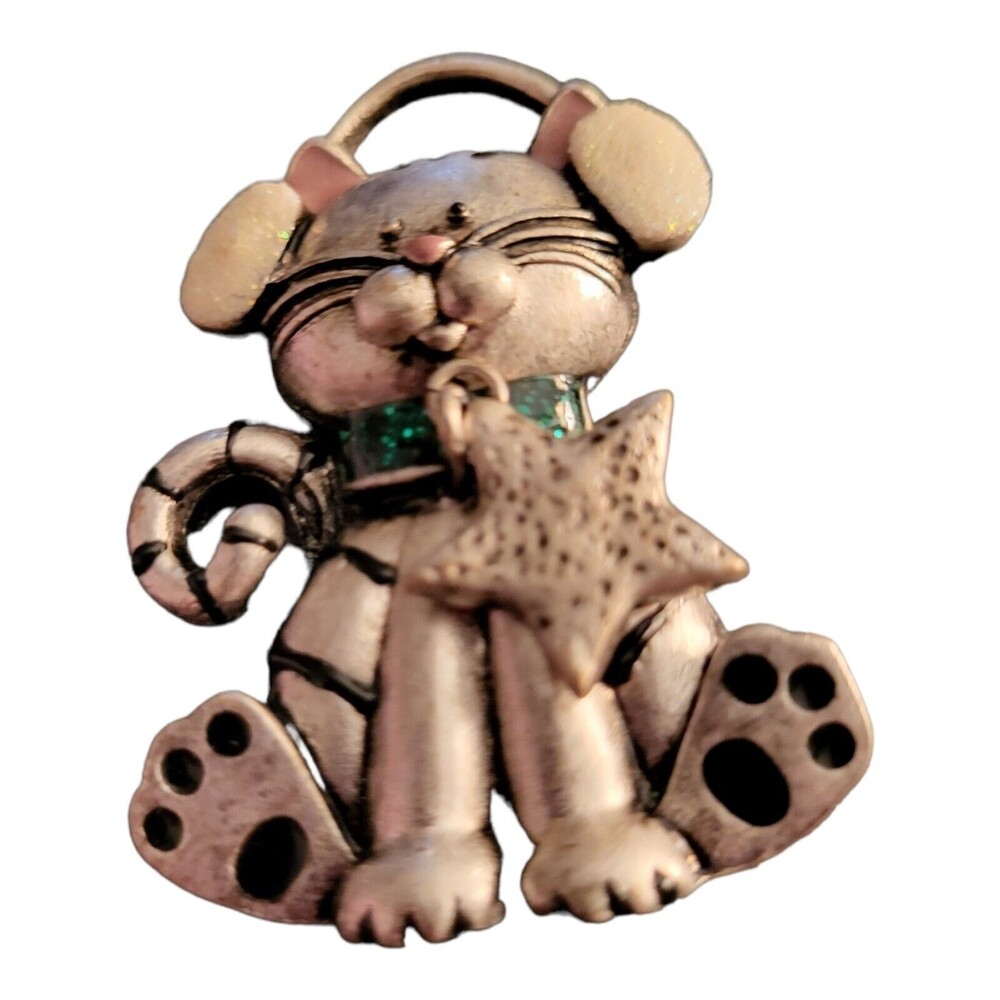 Vintage Kenneth Cole Silver-Tone Cat Brooch Earmuffs Green Collar Red Star